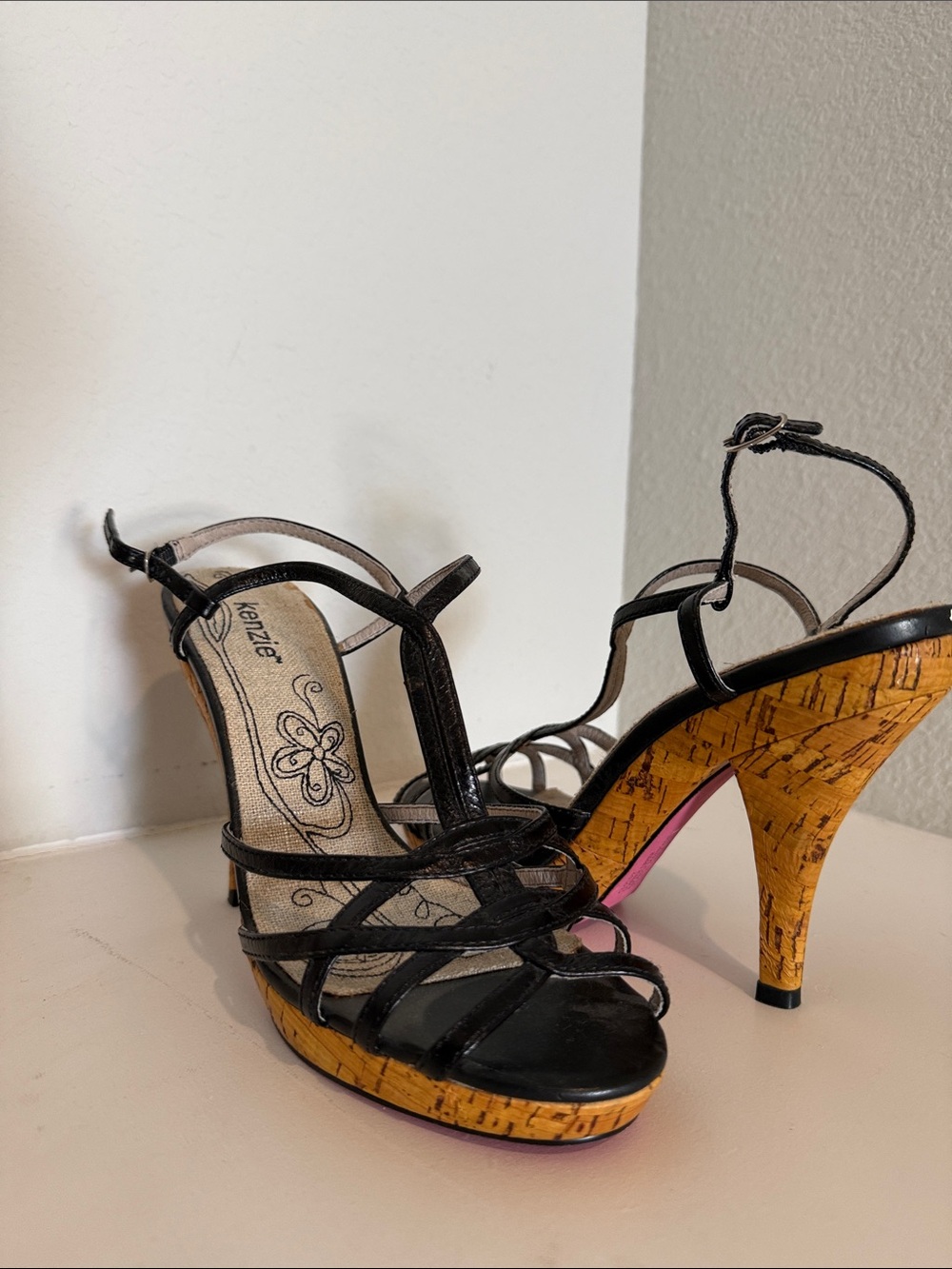 kenzie Black Strappy Cork Platform Heels with Pink Sole Accent